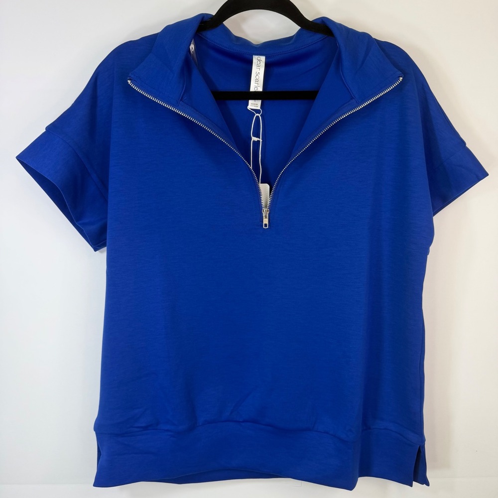 Dear Scarlett Womens Catalina Royal Blue Quarter Zip Short Sleeve Top NWT Preppy